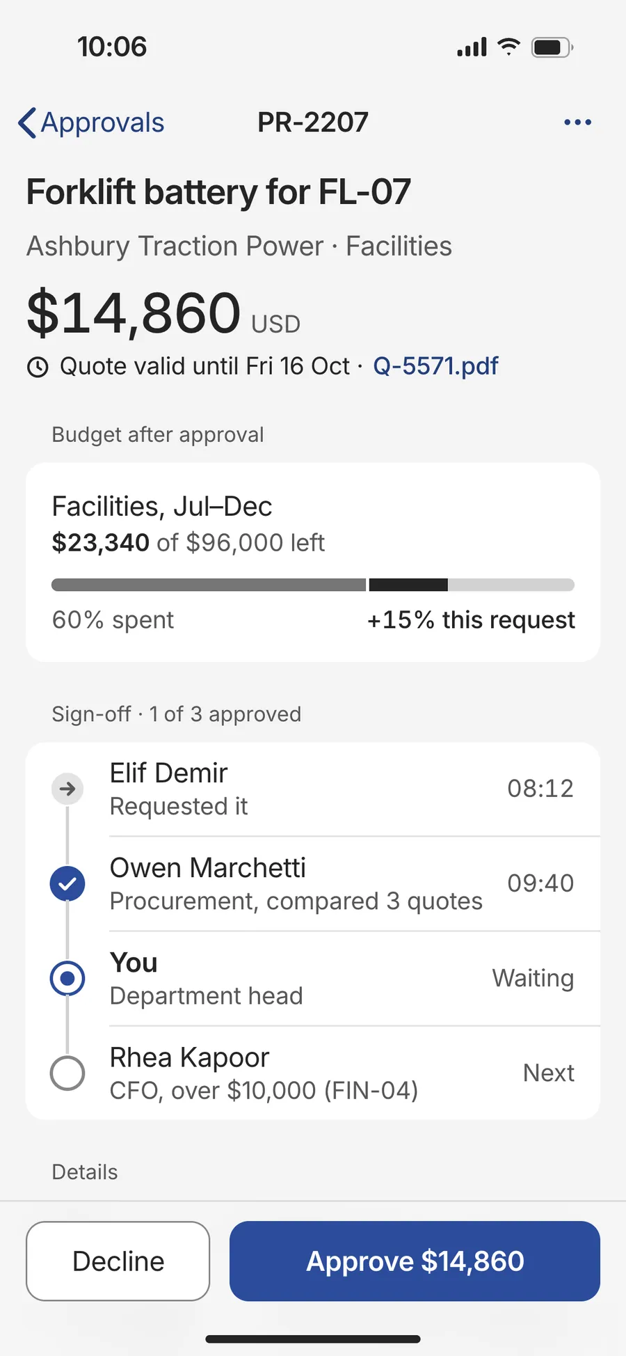 Quillon: purchase request approval (iPhone)