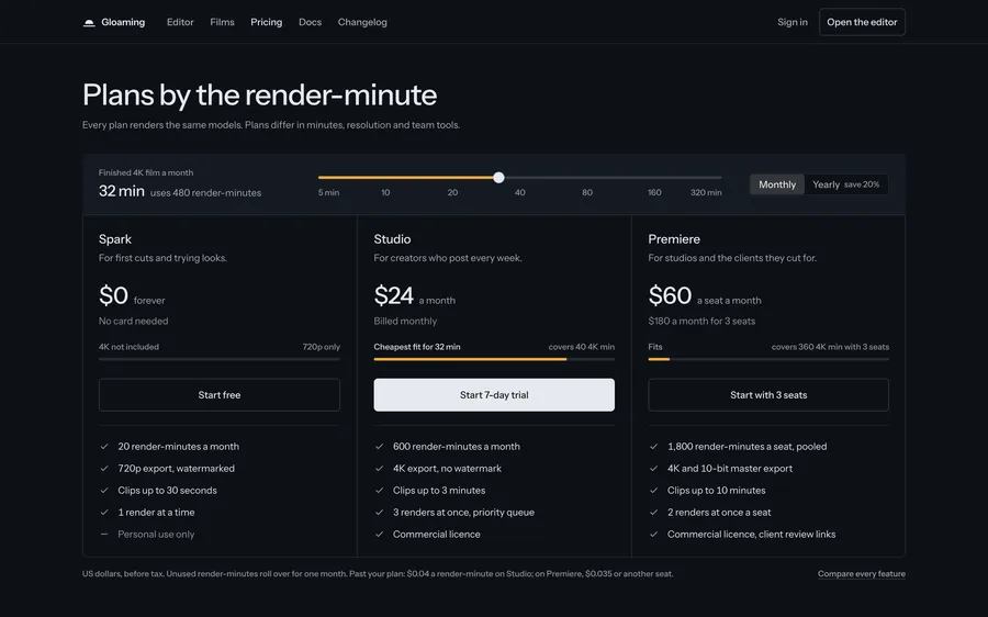Pricing table, glass (Gloaming) · monthly