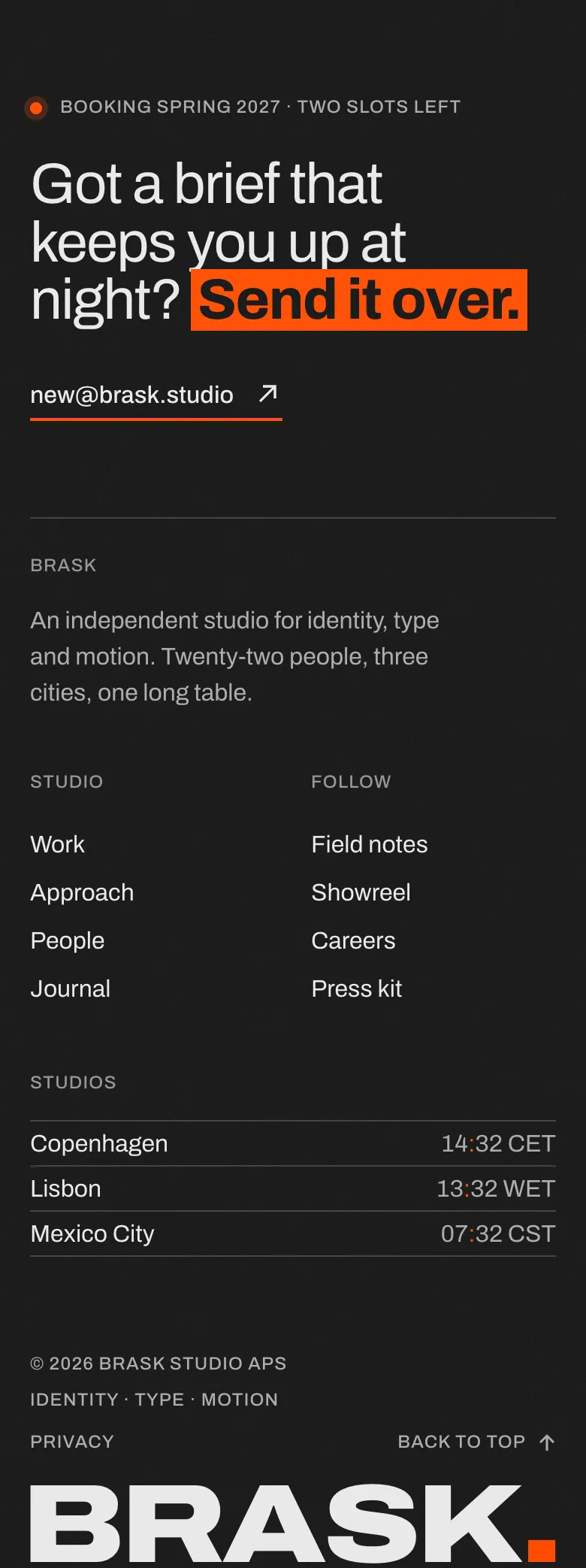 Brask: giant wordmark footer · mobile