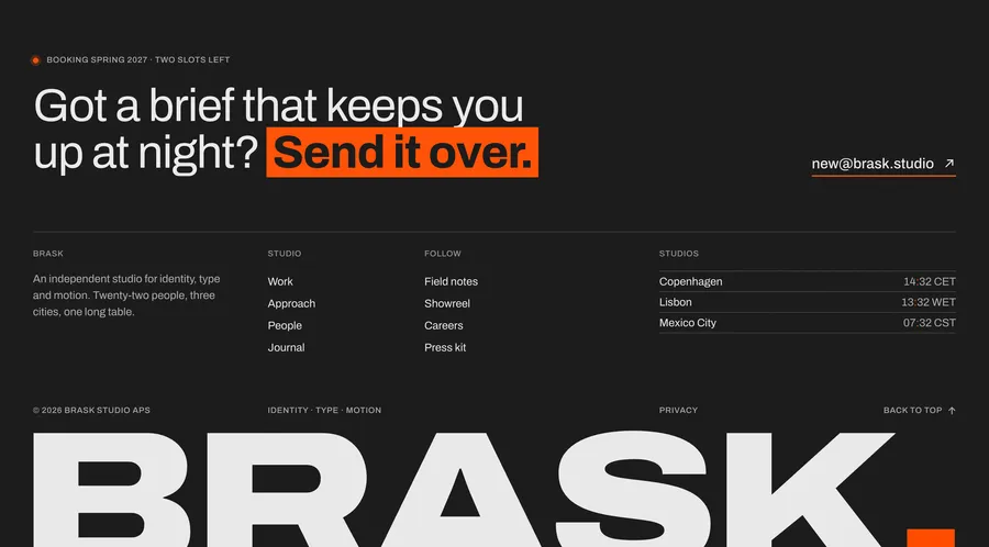 Brask: giant wordmark footer