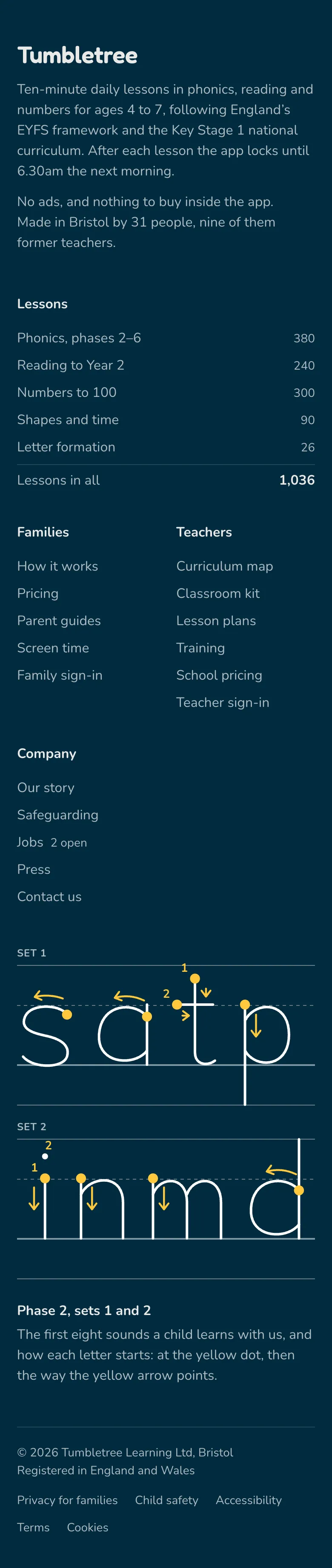 Tumbletree: playful illustrated footer with a meadow and a mascot · mobile