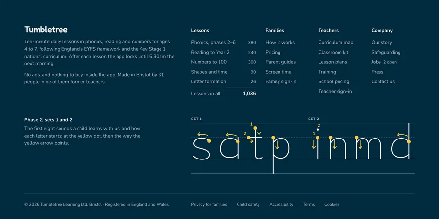 Tumbletree: playful illustrated footer with a meadow and a mascot