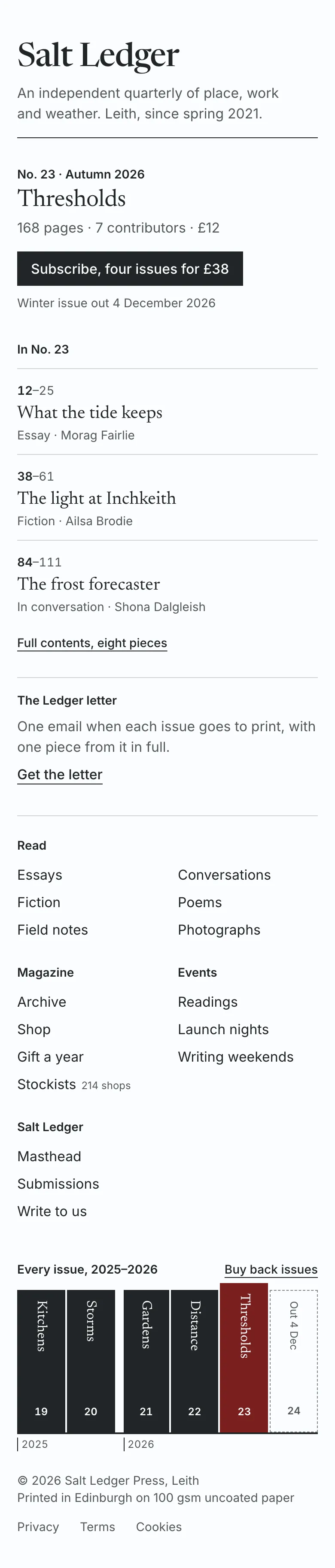 Salt Ledger: editorial magazine index footer · mobile