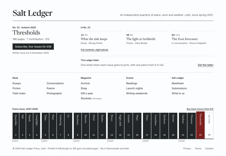 Salt Ledger: editorial magazine index footer
