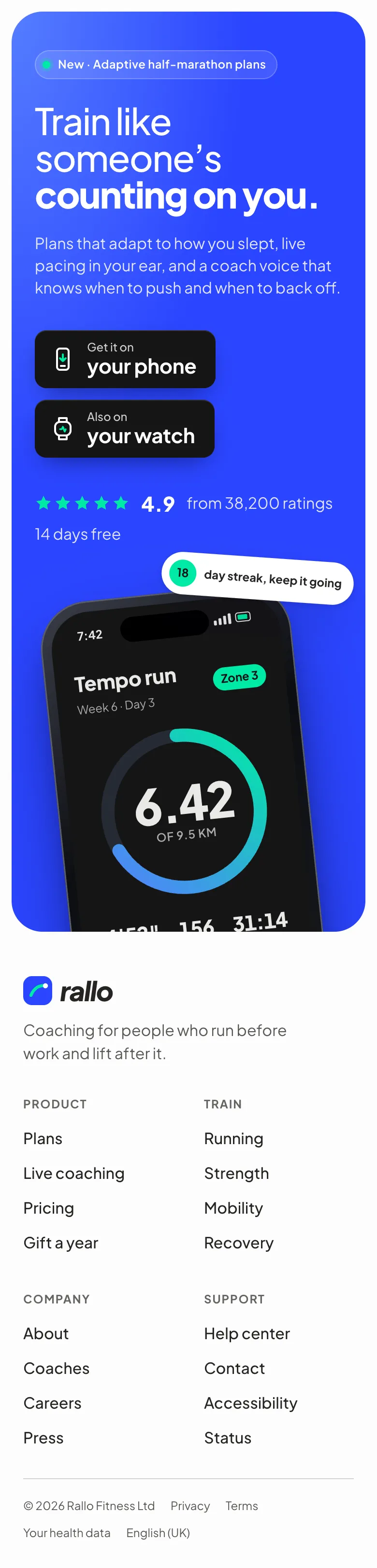 Rallo: app-download footer with a phone peeking up · mobile