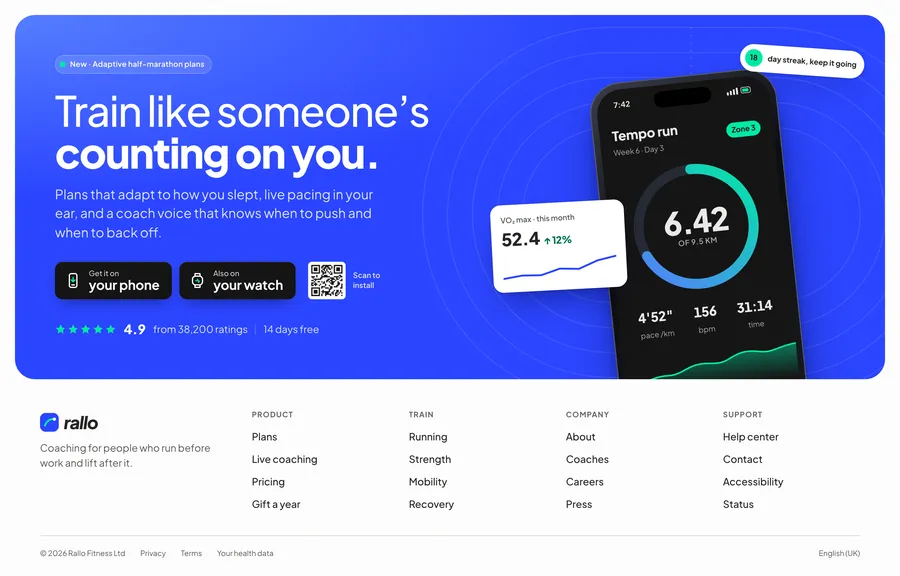 Rallo: app-download footer with a phone peeking up