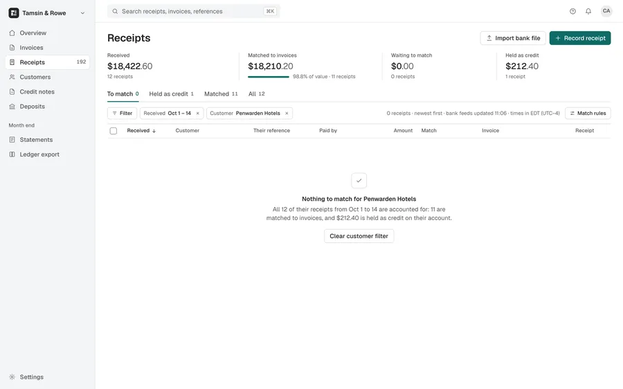 Payments table · Quoin · empty