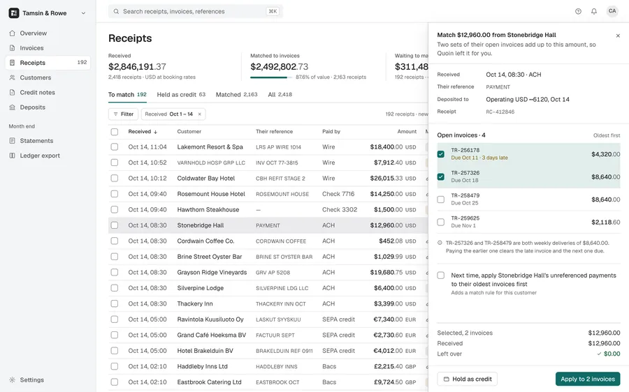 Payments table · Quoin · match