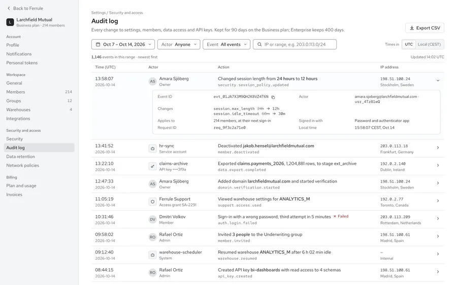 Security settings and audit log · Ferrule · audit