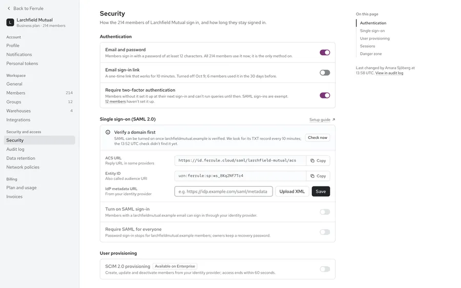 Security settings and audit log · Ferrule